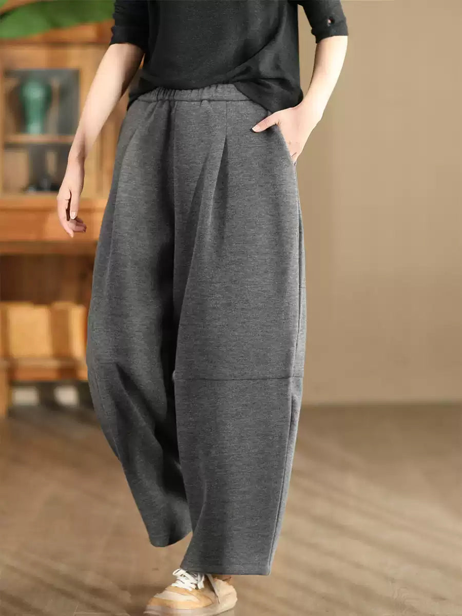 Women Winter Casual Solid Fleece-lined Wide-leg Pants WU006 BK