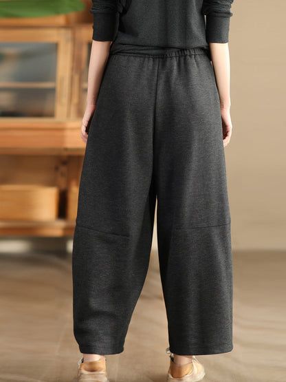 Women Winter Casual Solid Fleece-lined Wide-leg Pants WU006 BK