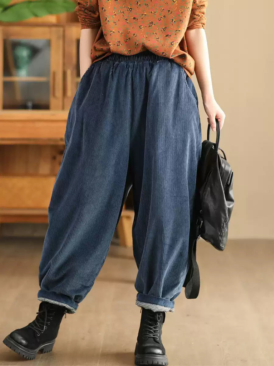 Women Winter Retro Corduroy Padded Cotton Harem Pants WU004 BK