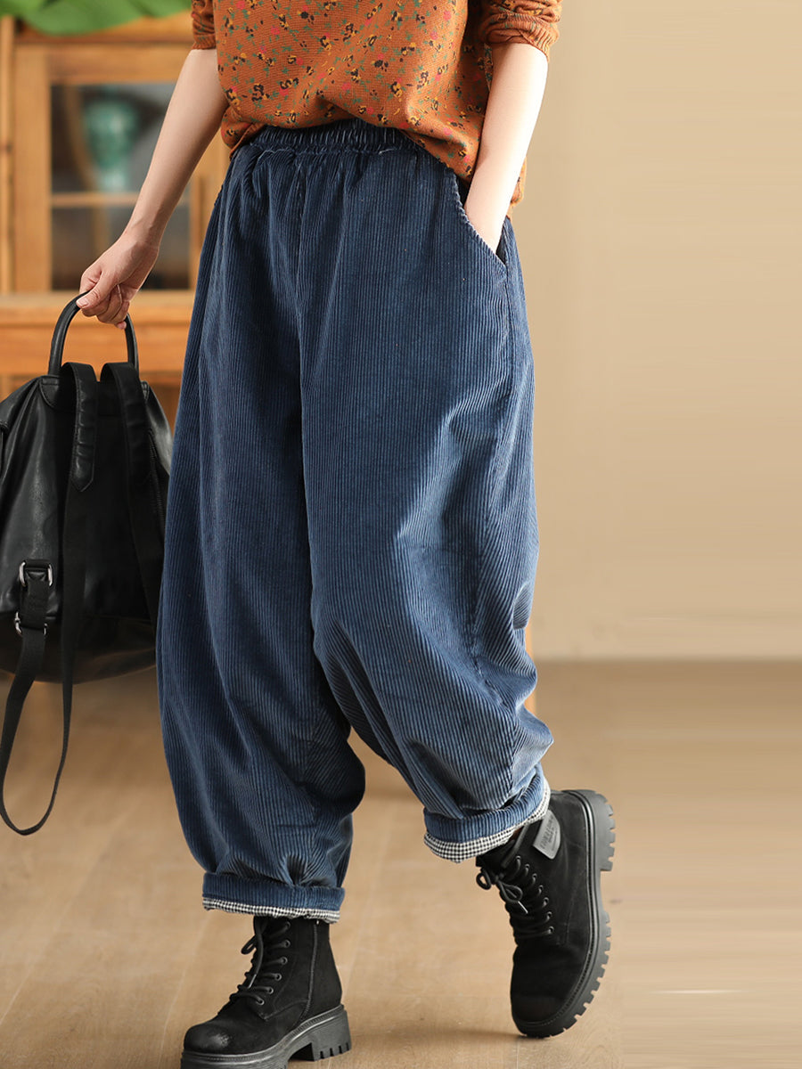 Women Winter Retro Corduroy Padded Cotton Harem Pants WU004 BK