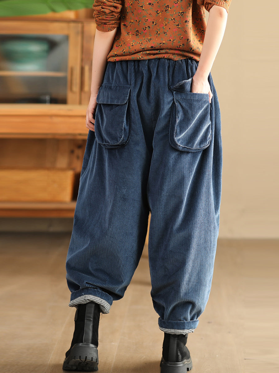 Women Winter Retro Corduroy Padded Cotton Harem Pants WU004 BK