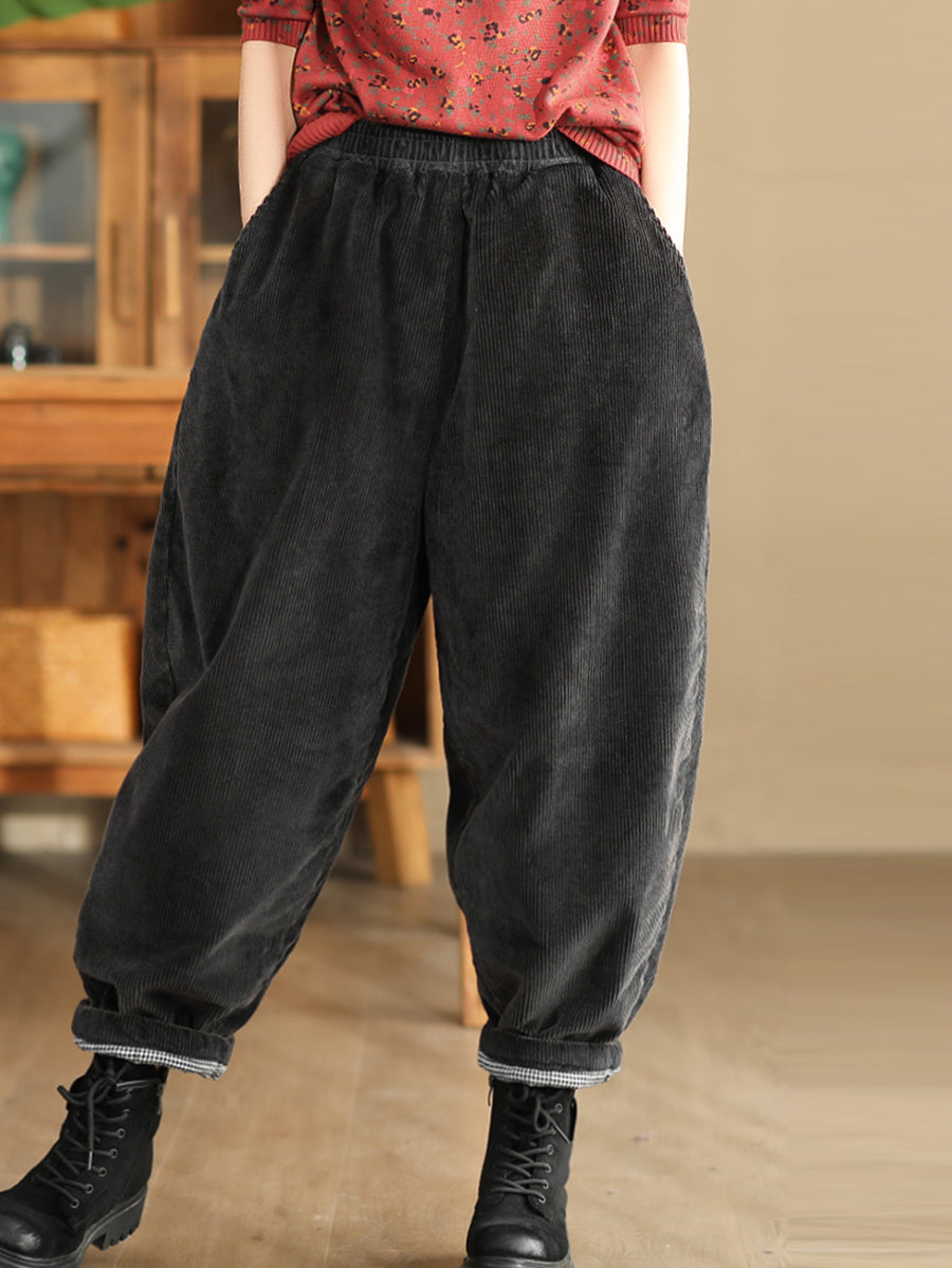 Women Winter Retro Corduroy Padded Cotton Harem Pants WU004 BK