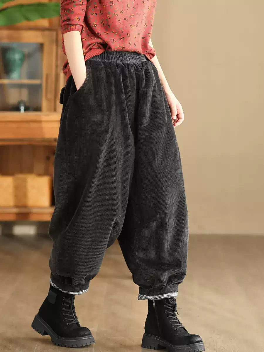 Women Winter Retro Corduroy Padded Cotton Harem Pants WU004 BK