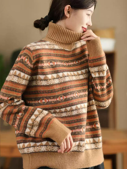 Women Autumn Casual Knit Turtleneck Stripe Sweater Coat WU012 BK