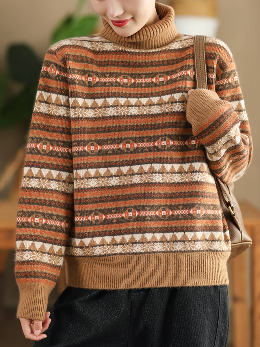 Women Autumn Casual Knit Turtleneck Stripe Sweater Coat WU012 BK