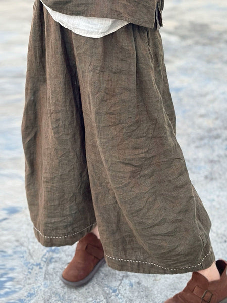 Women Autumn Retro Solid Linen Wide-leg Pants WU001 BK