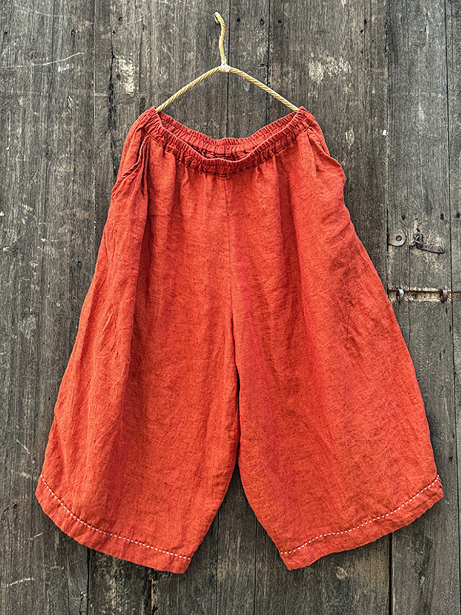 Women Autumn Retro Solid Linen Wide-leg Pants WU001 BK
