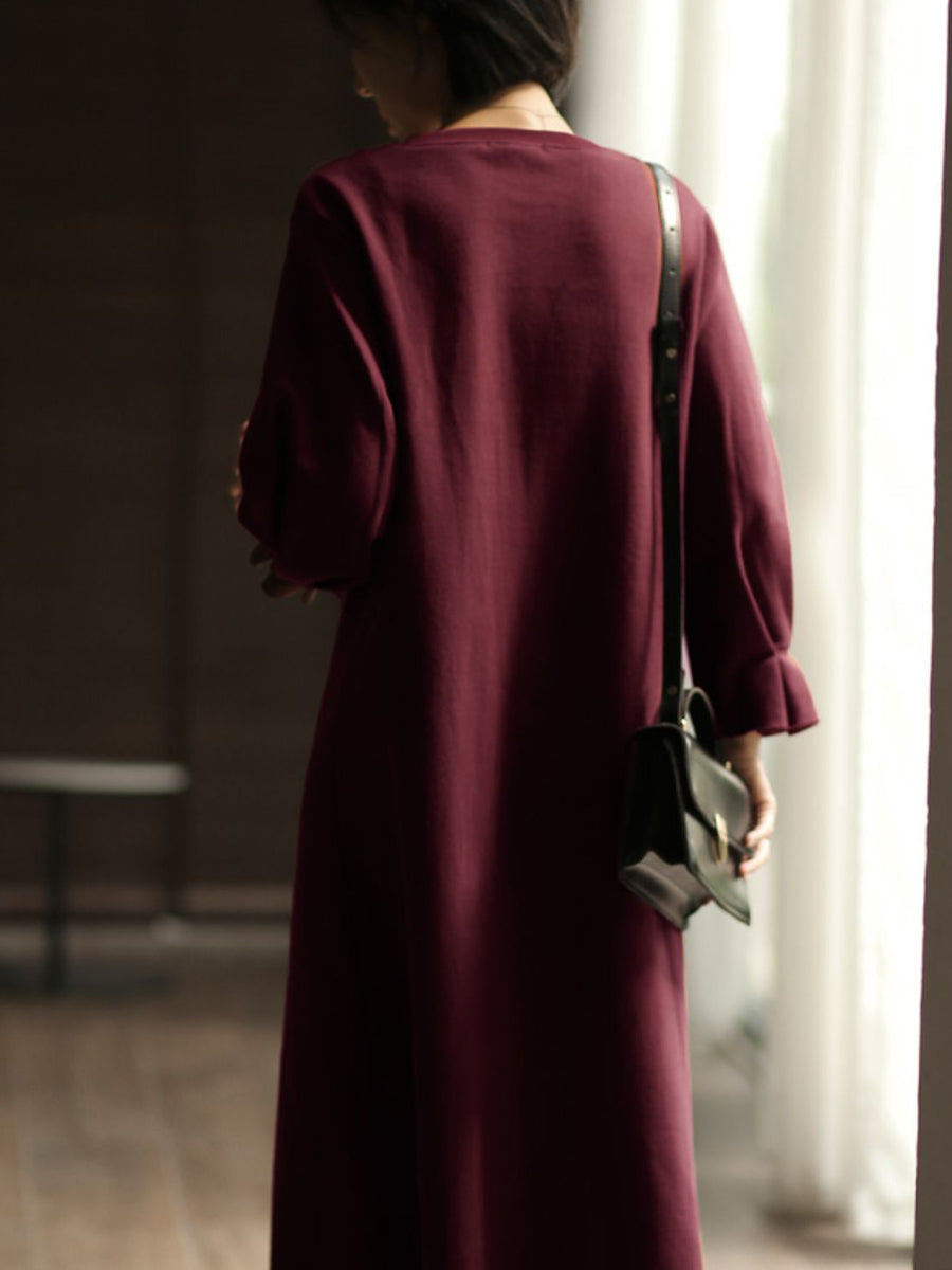 Women Autumn Vintage O-Neck Solid  Dress WU018 BK