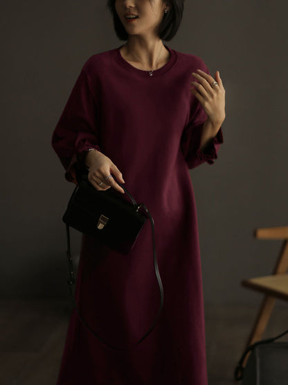 Women Autumn Vintage O-Neck Solid  Dress WU018 BK