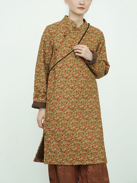 Women Autumn Ethnic Casual Floral Stand Collar Padded Dress WU020 BK