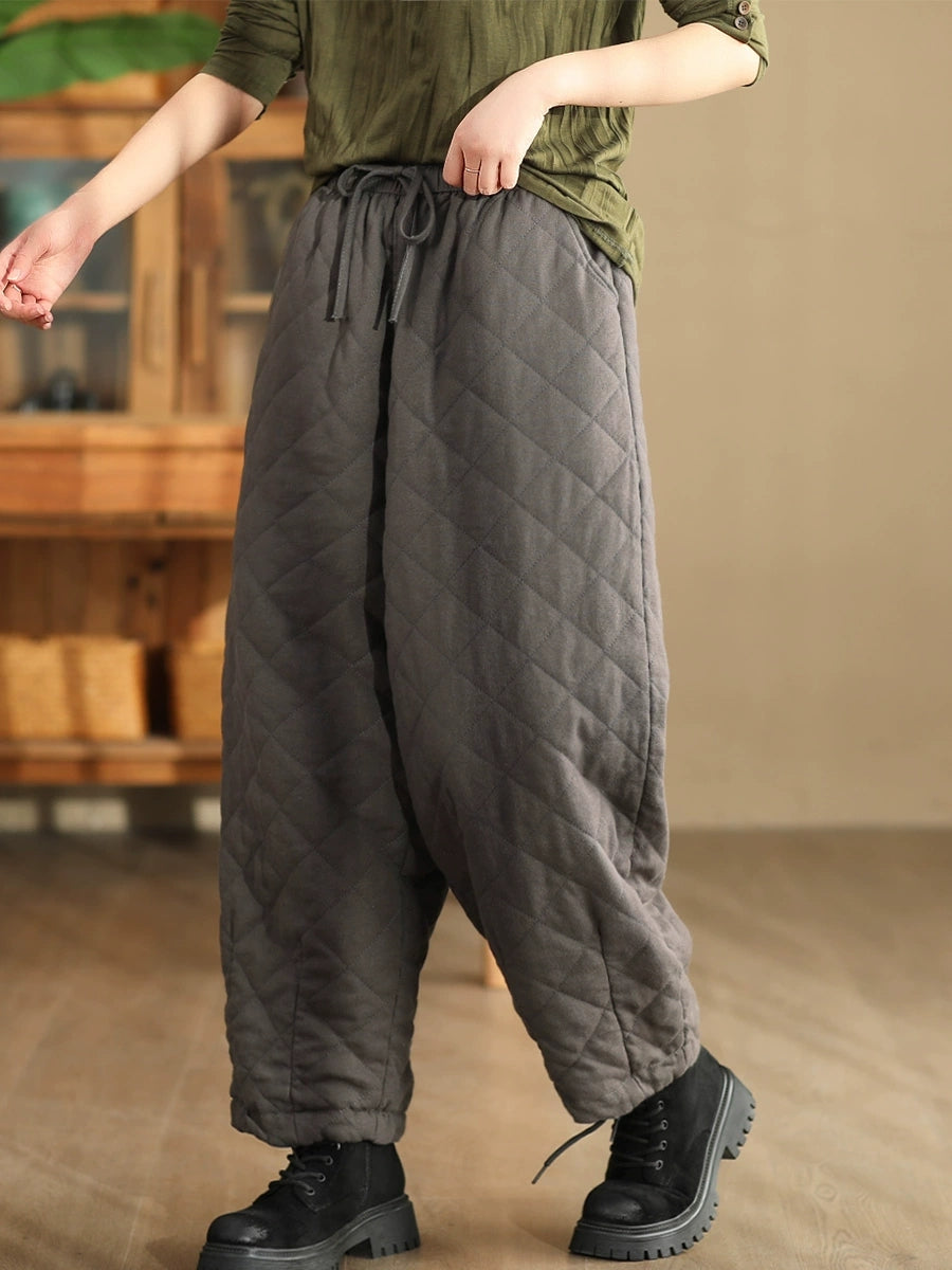 Women Winter Retro Rhomboid Padded Linen Harem Pants WU025 BK