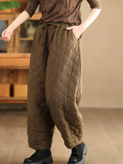 Women Winter Retro Rhomboid Padded Linen Harem Pants WU025 BK