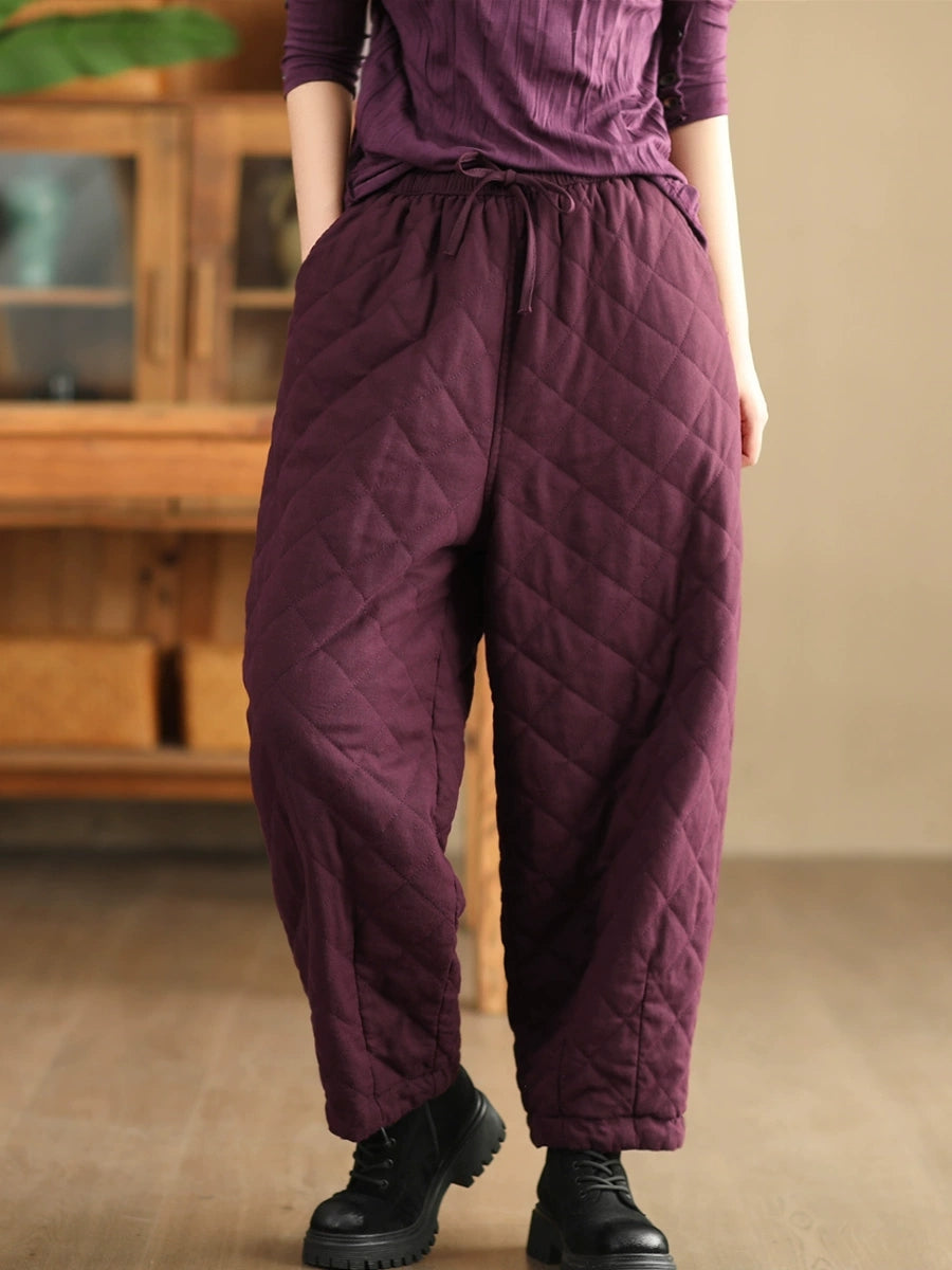 Women Winter Retro Rhomboid Padded Linen Harem Pants WU025 BK