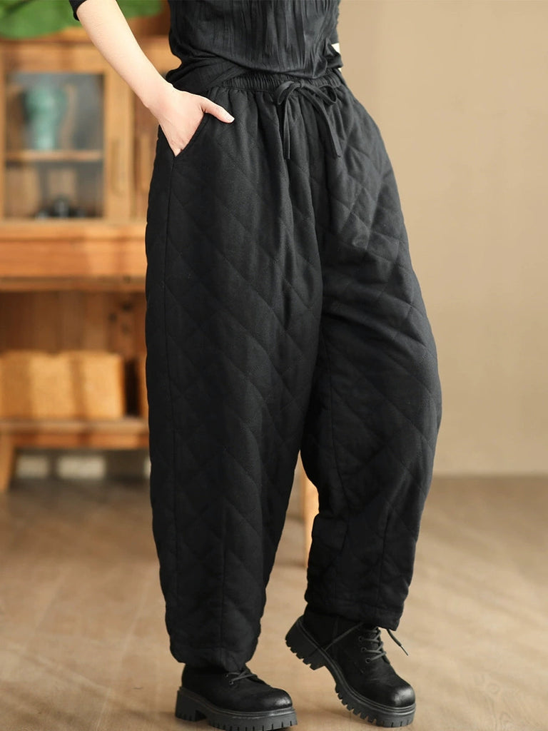 Women Winter Retro Rhomboid Padded Linen Harem Pants WU025 BK