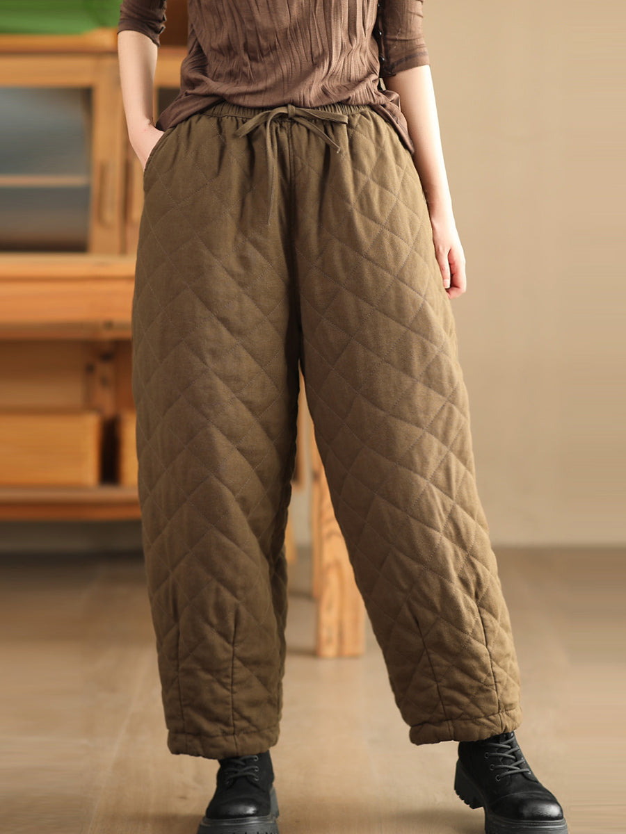 Women Winter Retro Rhomboid Padded Linen Harem Pants WU025 BK