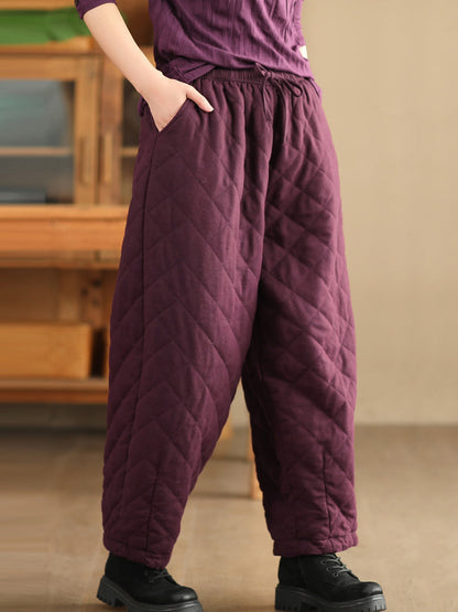 Women Winter Retro Rhomboid Padded Linen Harem Pants WU025 BK