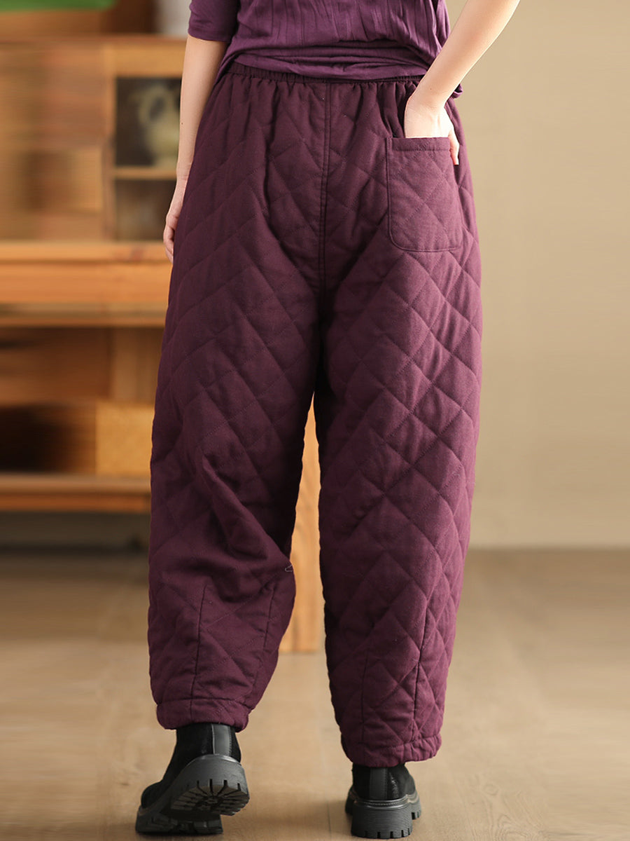 Women Winter Retro Rhomboid Padded Linen Harem Pants WU025 BK