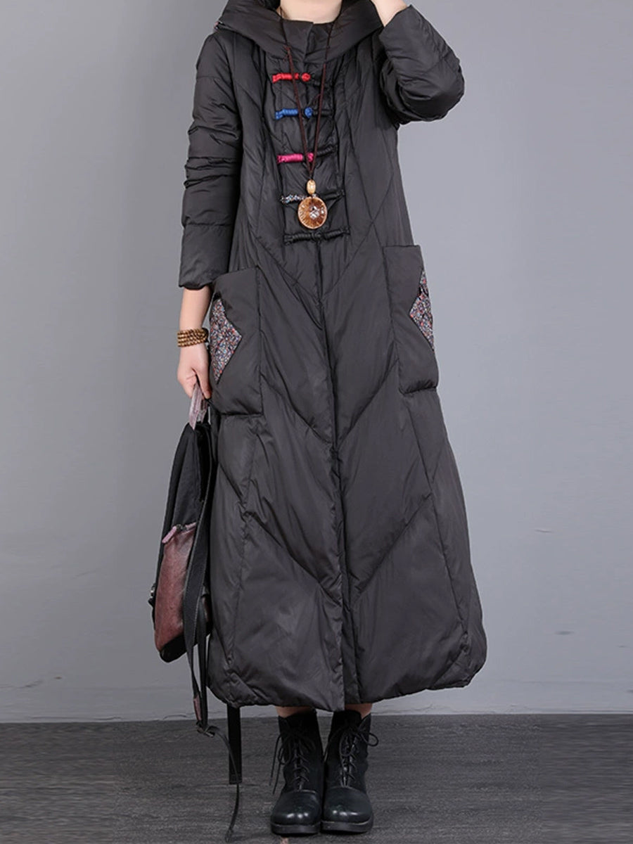 Women Winter Vintage Patch Hooded Long Down Coat WU028 BK