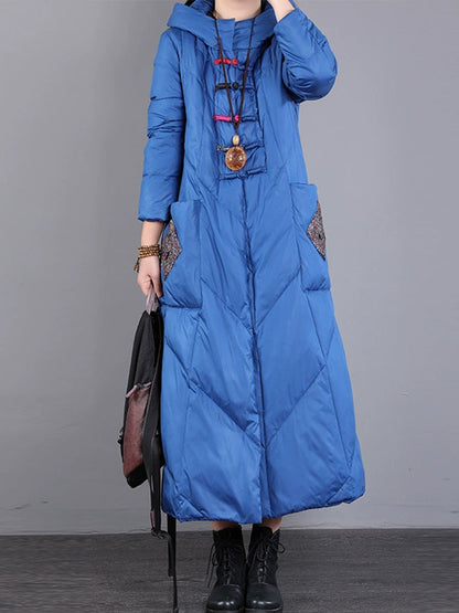 Women Winter Vintage Patch Hooded Long Down Coat WU028 BK