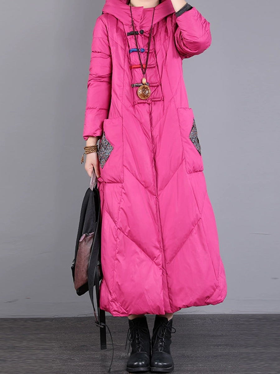 Women Winter Vintage Patch Hooded Long Down Coat WU028 BK