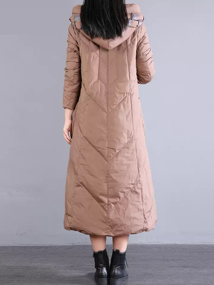 Women Winter Vintage Patch Hooded Long Down Coat WU028 BK