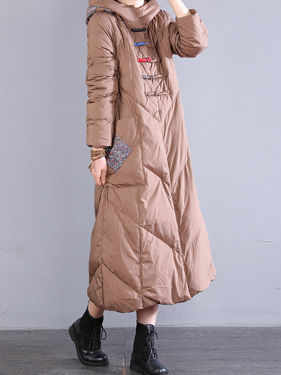 Women Winter Vintage Patch Hooded Long Down Coat WU028 BK