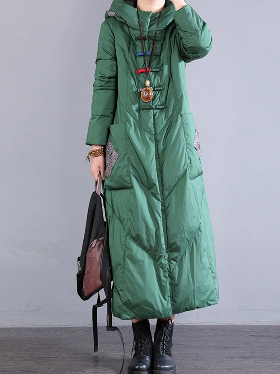 Women Winter Vintage Patch Hooded Long Down Coat WU028 BK