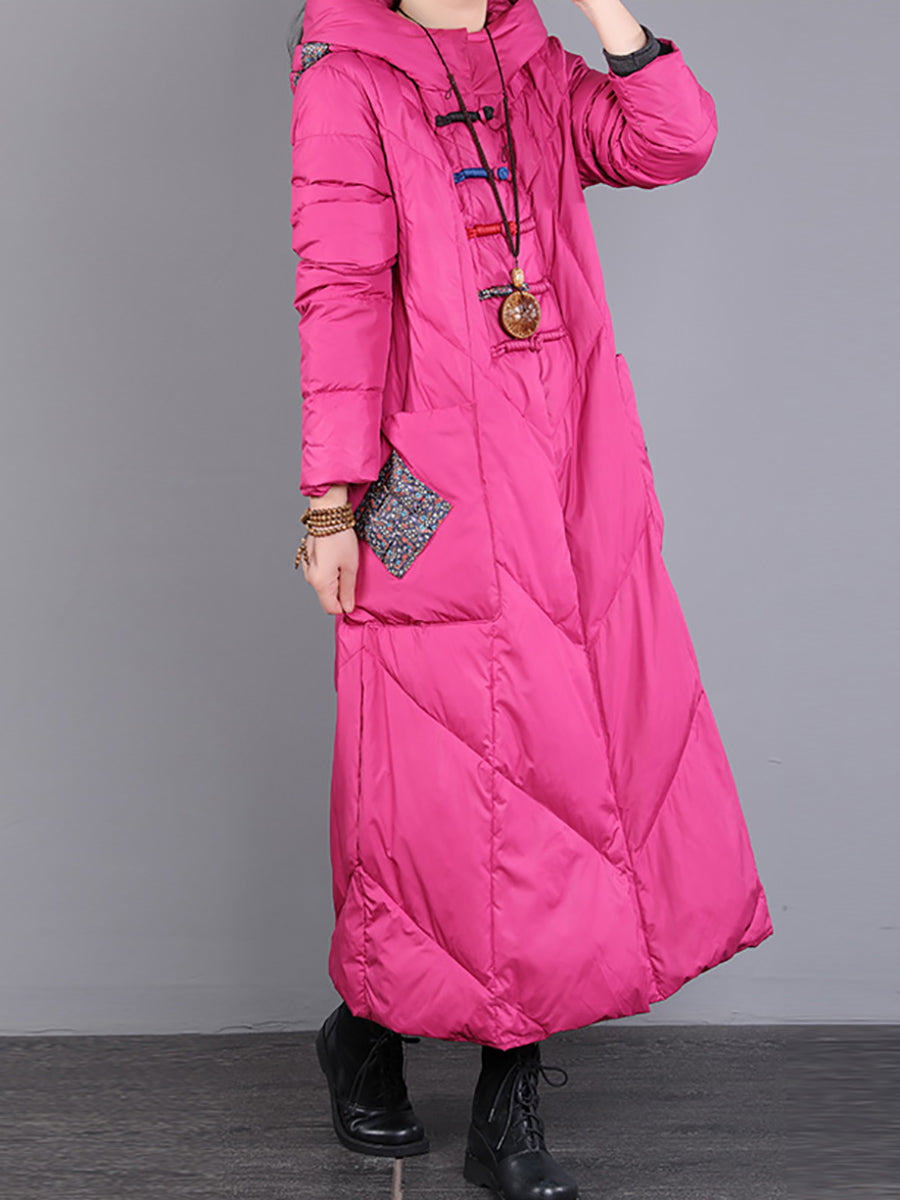 Women Winter Vintage Patch Hooded Long Down Coat WU028 BK