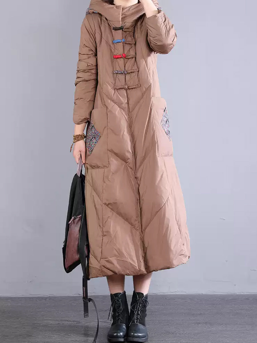 Women Winter Vintage Patch Hooded Long Down Coat WU028 BK