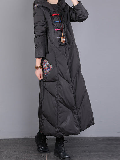 Women Winter Vintage Patch Hooded Long Down Coat WU028 BK