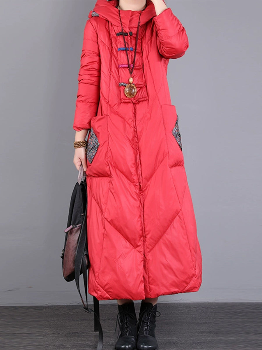 Women Winter Vintage Patch Hooded Long Down Coat WU028 BK