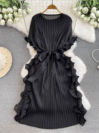 Chic Pink Round Neck Pleated Batwing Sleeve Lace-up Dress AZ1009 Genistyle Shop