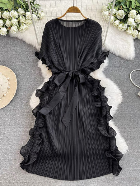 Chic Pink Round Neck Pleated Batwing Sleeve Lace-up Dress AZ1009 Genistyle Shop