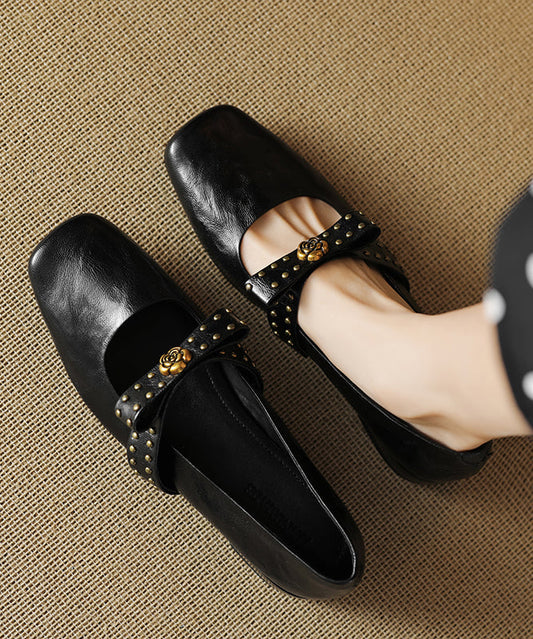 Bow Sheepskin Black Rivet 2025 Loafer Chunky Splicing Shoes FashionChic