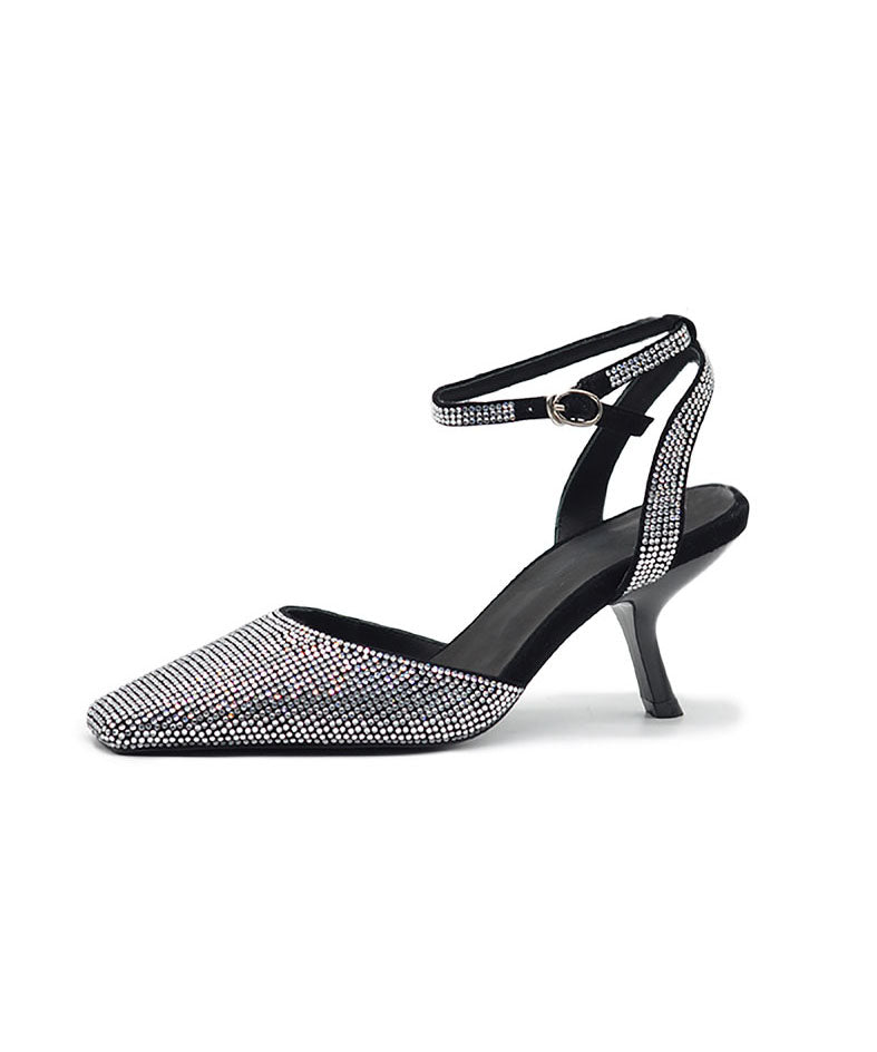 Buckle Sheepskin 2025 Heel High Sandals Black Splicing Strap FashionChic