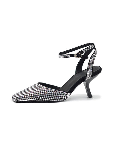 Buckle Sheepskin 2025 Heel High Sandals Black Splicing Strap FashionChic