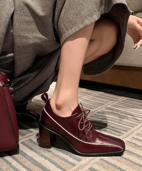 2025 Chic Splicing Lace Up Chunky Heel Mulberry Cowhide Leather YR040 ABC