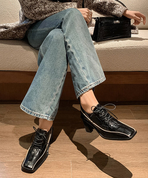 2025 Chic Splicing Lace Up Chunky Heel Mulberry Cowhide Leather YR040 ABC