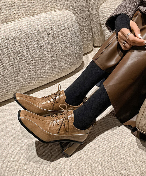 2025 Chic Splicing Lace Up Chunky Heel Mulberry Cowhide Leather YR040 ABC