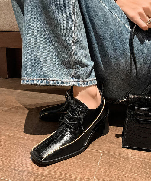 2025 Chic Splicing Lace Up Chunky Heel Mulberry Cowhide Leather YR040 ABC