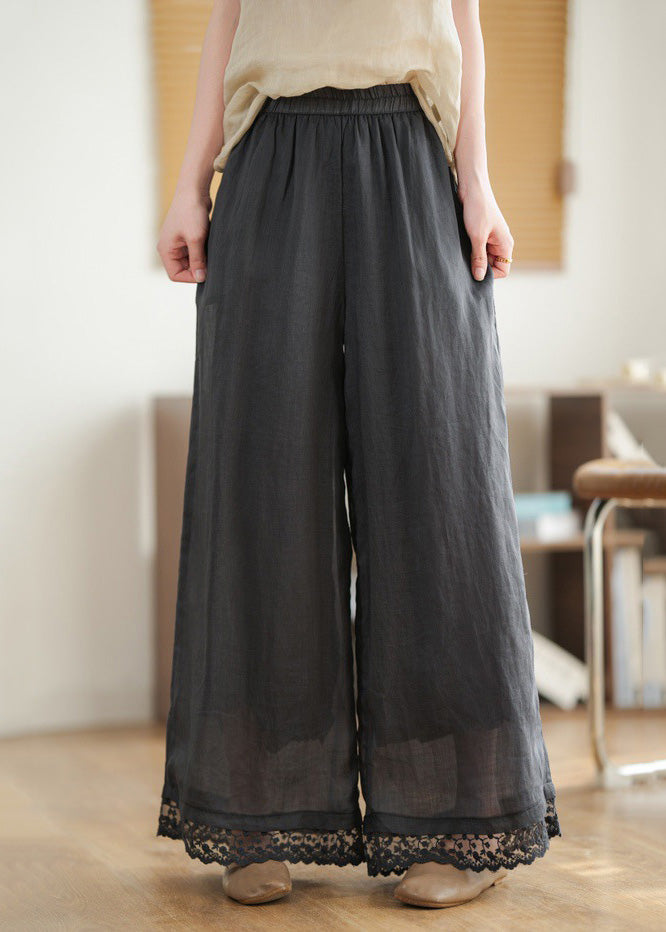 Black Pants Lace Leg New Wide Waist Patchwork Linen 2025 Elastic FashionChic