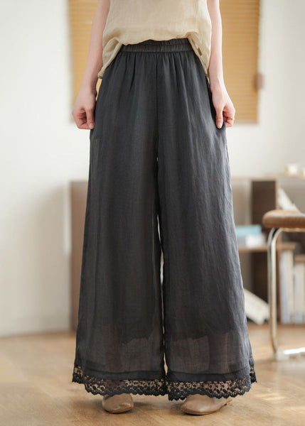 Black Pants Lace Leg New Wide Waist Patchwork Linen 2025 Elastic FashionChic