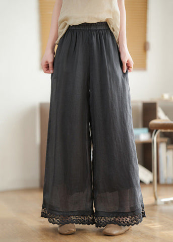 Black Pants Lace Leg New Wide Waist Patchwork Linen 2025 Elastic FashionChic