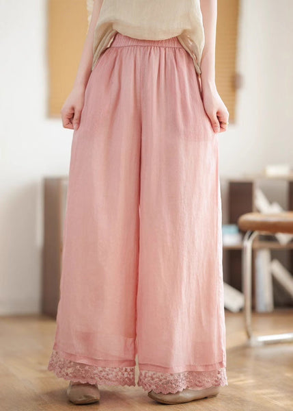 Black Pants Lace Leg New Wide Waist Patchwork Linen 2025 Elastic FashionChic