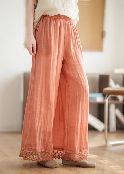 Black Pants Lace Leg New Wide Waist Patchwork Linen 2025 Elastic FashionChic