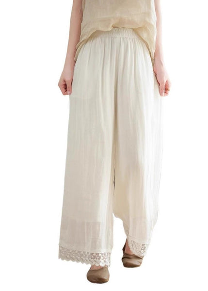 Black Pants Lace Leg New Wide Waist Patchwork Linen 2025 Elastic FashionChic