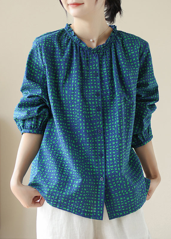 2025 New Blue Ruffled Print Cotton Shirt Tops Spring TJ026