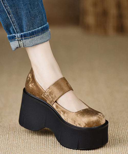 Satin High Strap Splicing 2025 Buckle Heels Brown Wedge New FashionChic