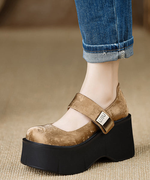 Satin High Strap Splicing 2025 Buckle Heels Brown Wedge New FashionChic