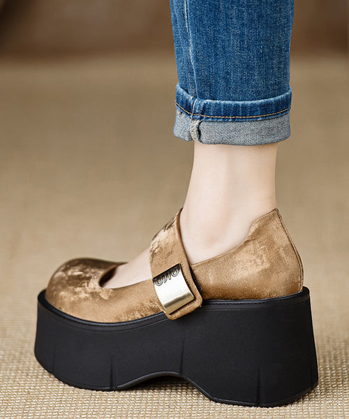 Satin High Strap Splicing 2025 Buckle Heels Brown Wedge New FashionChic